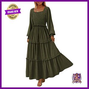 Long Sleeve Smocked Square Neck Swiss Dot Maxi Dress with Pockets